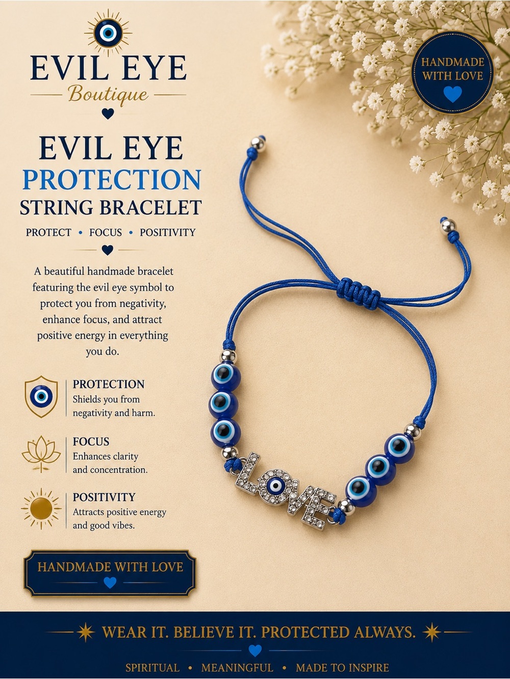 🧿Evil Eye Boutique "LOVE" Protection String Bracelet - Blue🧿